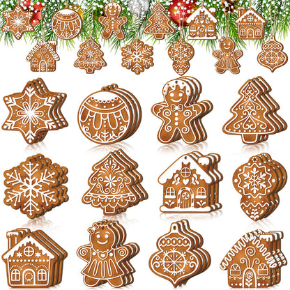 Quzzil 36 Pcs Christmas Gingerbread Ornaments for Tree Mini Snowflake Wooden Hanging Winter Xmas Ornaments with Ropes for Christmas Party Holiday Winter Crafts(Brown,36 Pcs,Gingerbread)