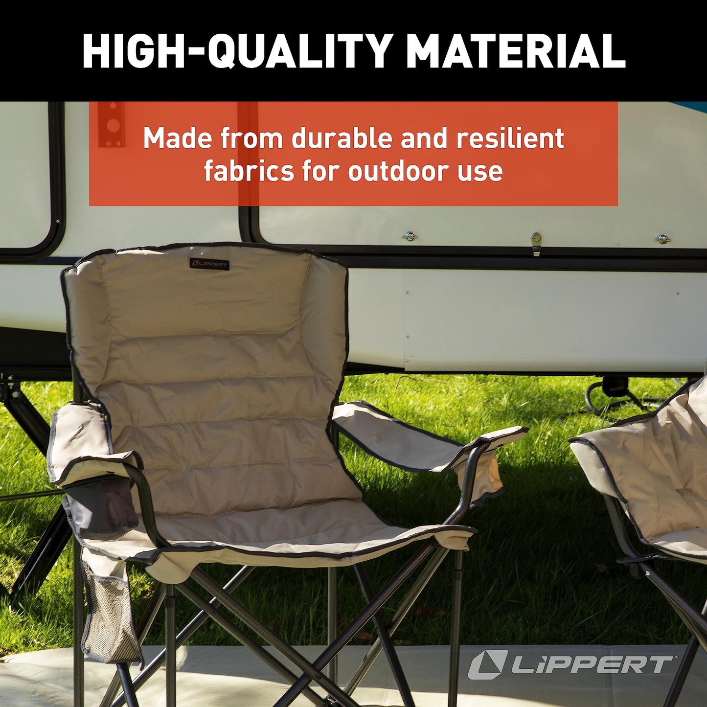 Lippert Campfire Deluxe Folding Chair - Sand, High-Loft, Foldable Cushion Chair, Dual Cup Holders, Power Coated Steel Frame, Durable 600D Outdoor Polyester Fabric, 500 lb. Capacity, 2022114819