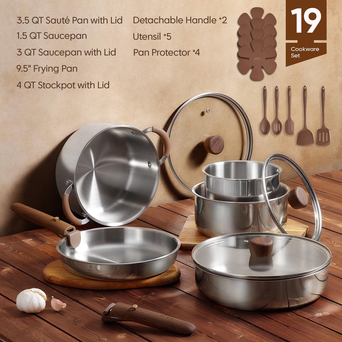 CAROTE 19pcs Stainless Steel Cookware Set with Detachable Handle, Pots and Pans Set, Induction Kitchen Cooking Sets, RV/Camping Cookware, Removable Handle, Oven Safe, Woodgrain, Mothers Day Gifts