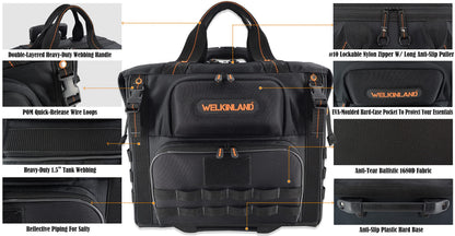 WELKINLAND 46Pockets-26" Rolling tool bag, Tools bag with wheels, Rolling tote bag, Tool tote, HVAC tools bags, Electrician tool bag, Tool bag organizer, Tool bags for men
