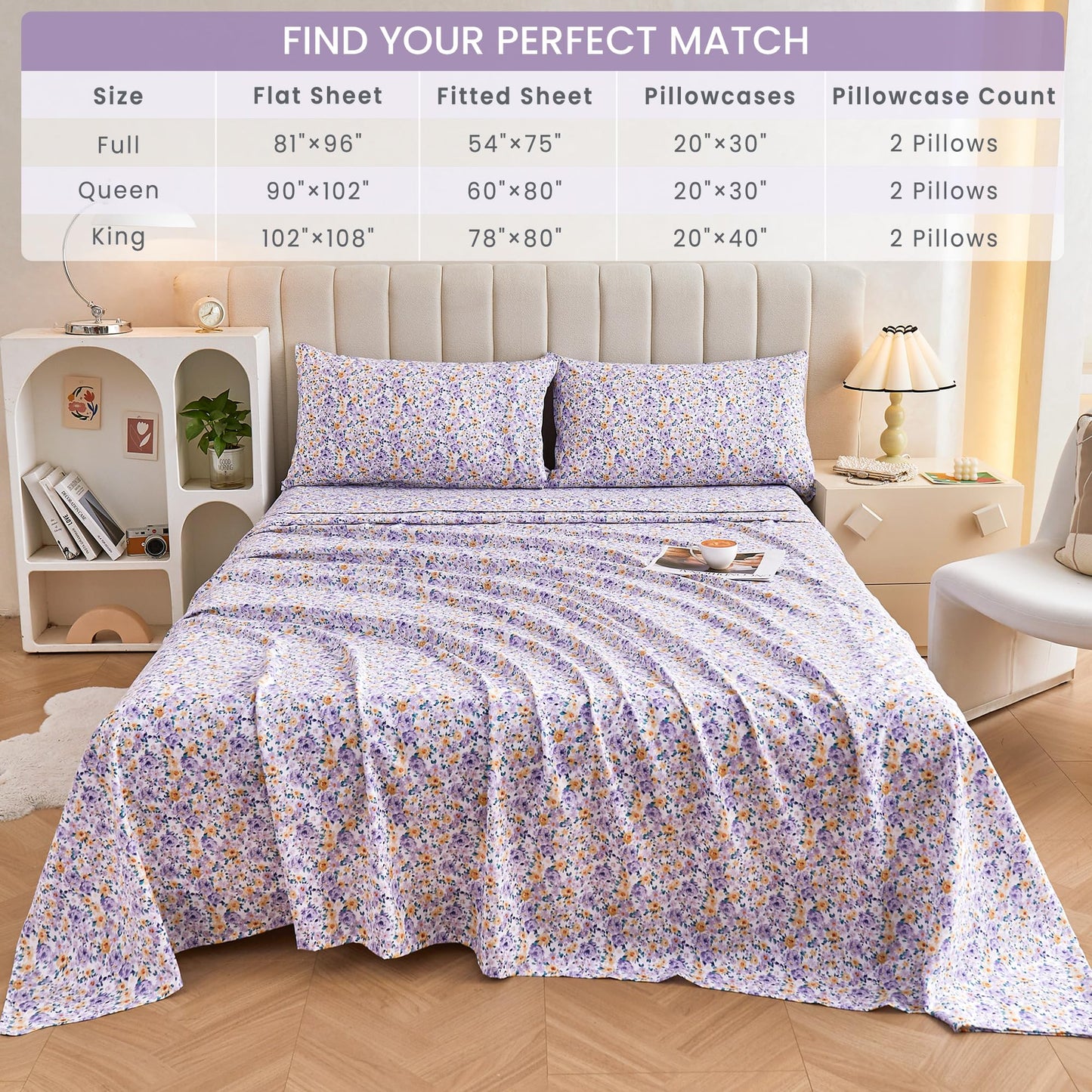 Mooreeke Floral Full Bed Sheets, Soft Microfiber Printed Bedding Sheets & Pillowcases, Deep Pocket Non-Slip Vintage Full Sheet, Purple Yellow Flower Pattern Bedsheets