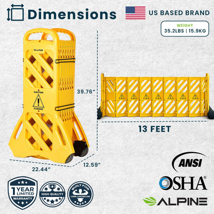 Alpine Commercial Safety Barriers, 13 Foot Expandable Mobile Barricade System - Folding Portable Barrier, Traffic Barricade Fence, Plastic Barricade for Construction, Traffic Control, Driveway Gate