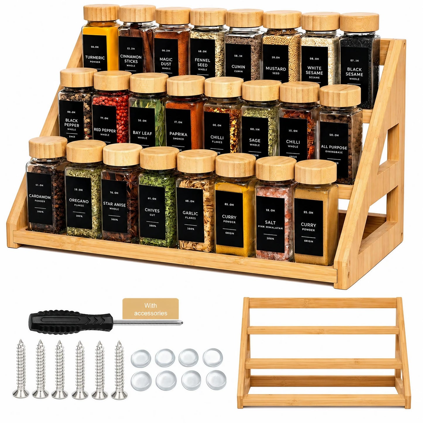 Rasydyn Bamboo Tier Spice Rack Organizer: 17.5 Inch Wide Kitchen Cabinet Countertop Spice Jar Organizer for Home Organization