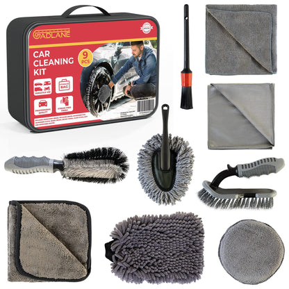 GADLANE 9 Piece Car Cleaning Kit With Storage Bag Includes Upholstery Brush, Detailing Brush, Microfibre Pad, Microfibre Cloth, Wheel Brush, Drying Towel, Glass Cloth, Mitt, Microfibre Duster
