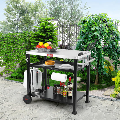 Feasto 3-Shelf Pizza Oven Table 33.5" x 21.7" Stainless Top, Rolling Outdoor Grill Cart with Waterproof Cover for Pizza Ovens & Griddles, Heavy-Duty BBQ Prep Station for Patio & Deck, Black