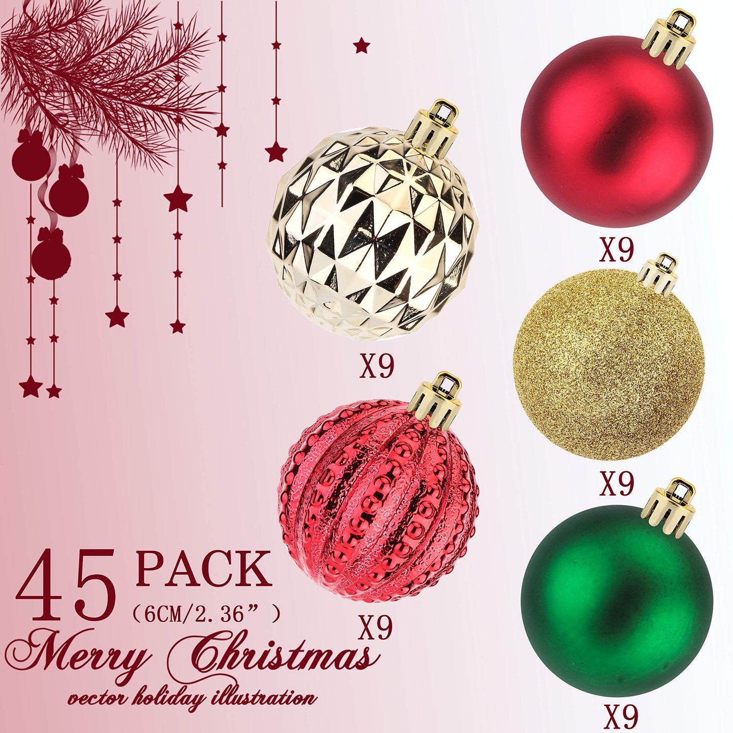 45Pcs 6cm/2.36inch Christmas Balls Glitter Ornaments Set, Shatterproof Plastic Xmas Tree Hanging Ornament, Christmas Decorations Balls for Holiday Festival Wedding House Bar Party(Red/Gold/Green)