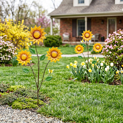 WKHOMEDECO Metal Flowers for Outside, 30-Inch Iron Sunflower Garden Stakes Set of 2, Metal Yard Art Outdoor and Garden, Decorative Garden Stakes for Patio & Lawn Decor (Yellow)