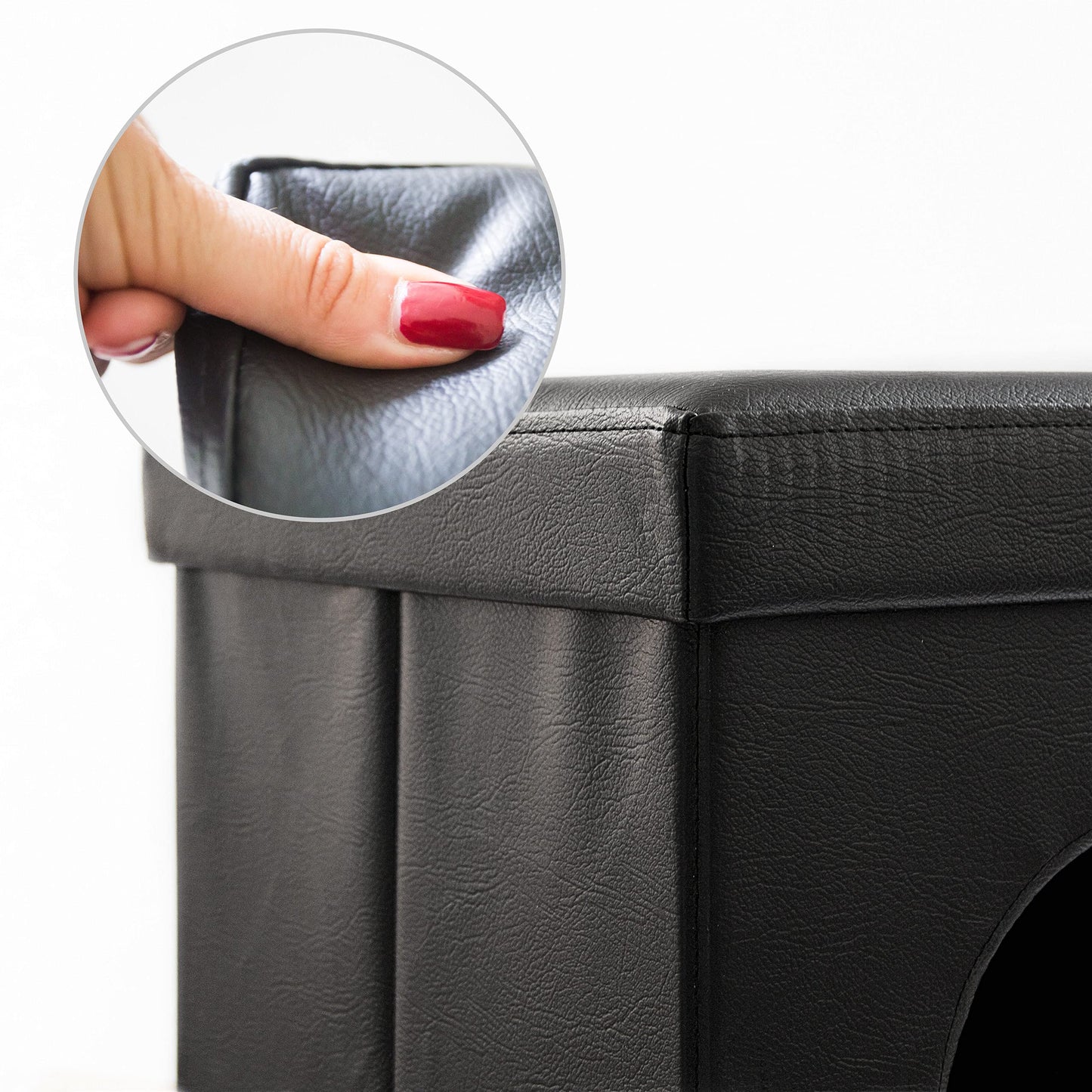 Dog House Ottoman, 38 x 38 x 38 cm, Seat Box with Practical Hole for Pets, Faux Leather, Removable Lid, Black