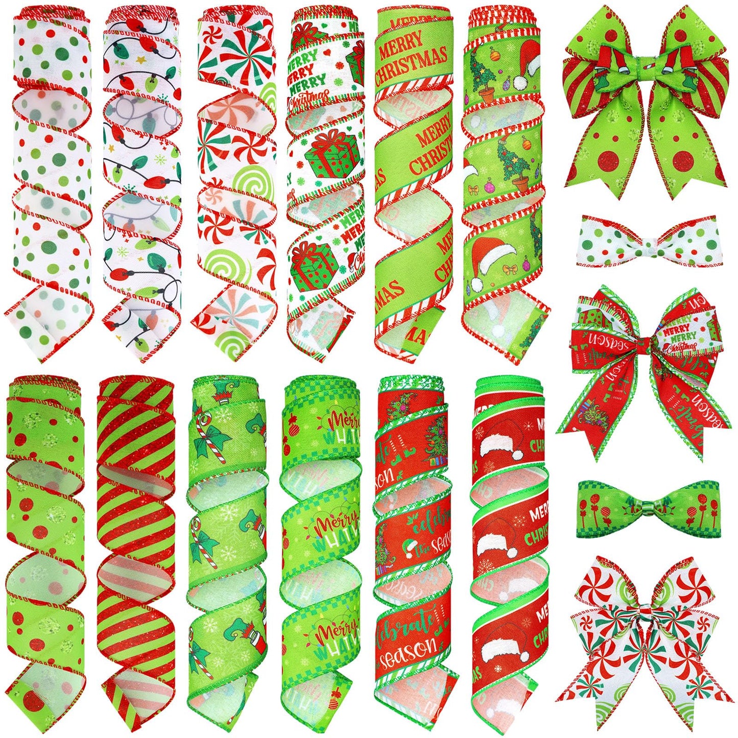 Chunful 12 Rolls Green Christmas Wired Edge Ribbon 2 Inch 60 Yards Red and Green Strip Dot Burlap Ribbon Crafts Fabric Decorative for Gift Wrapping Hair Bow Sewing Wreath Supplies