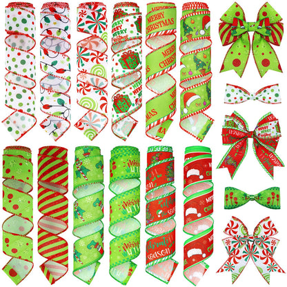 Chunful 12 Rolls Green Christmas Wired Edge Ribbon 2 Inch 60 Yards Red and Green Strip Dot Burlap Ribbon Crafts Fabric Decorative for Gift Wrapping Hair Bow Sewing Wreath Supplies