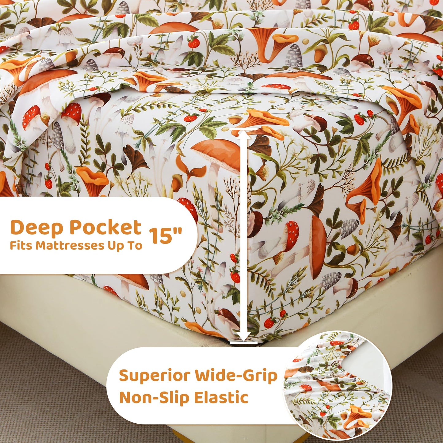 Mooreeke Cozy Vintage Microfiber Printed Queen Sheet Set - Soft & Breathable Percale Mushroom Forest Bed Sheets with Extra Deep Pocket - Non-Slip Fitted Design - Jungle Mushroom Leaves Pattern - Queen