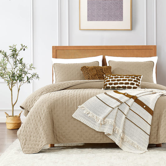 ROARINGWILD Beige Cloud Twin Size Quilt Bedding Sets with Pillow Sham, Farmhouse Lightweight Soft Bedspread Coverlet, All Season Rustic Country Thin Comforter, 2 Pieces, 68x90 inches, Tan Cream