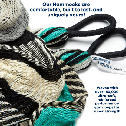 Handwoven Hanging Chair by Yellow Leaf Hammocks - Fits 1 Person, 330lb Max - Kick Back for Full-Body Recline - Weathersafe, Ultra Soft, Hang Anywhere - Color: Turquoise - Black -White