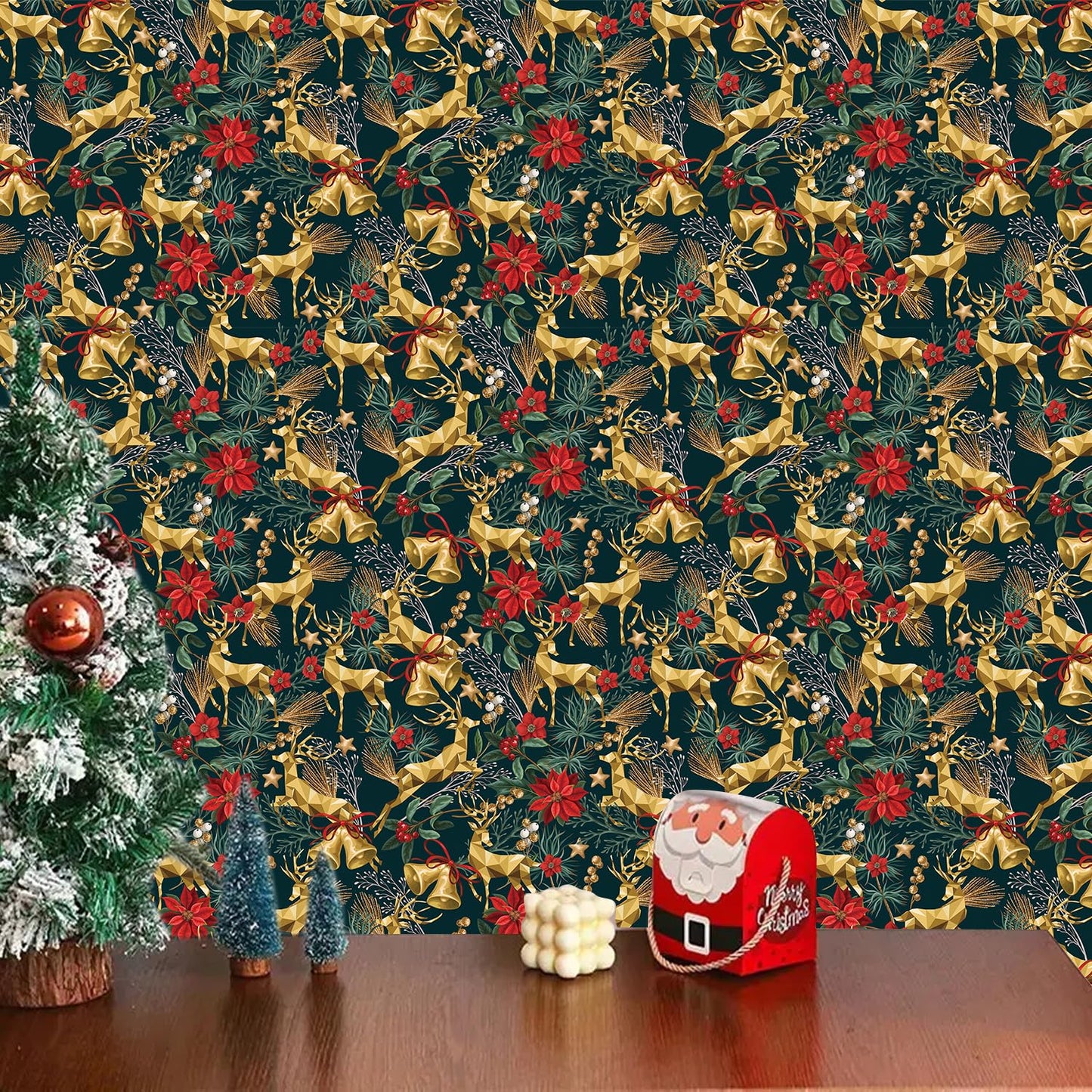 TOARTi Gold Elk Christmas Peel and Stick Wallpaper Dark Green Christmas Reindeer Contact Paper for Cabinets Drawer Xmas Self Adhesive Wallpaper for Winter Holiday Party Xmas Contact Paper