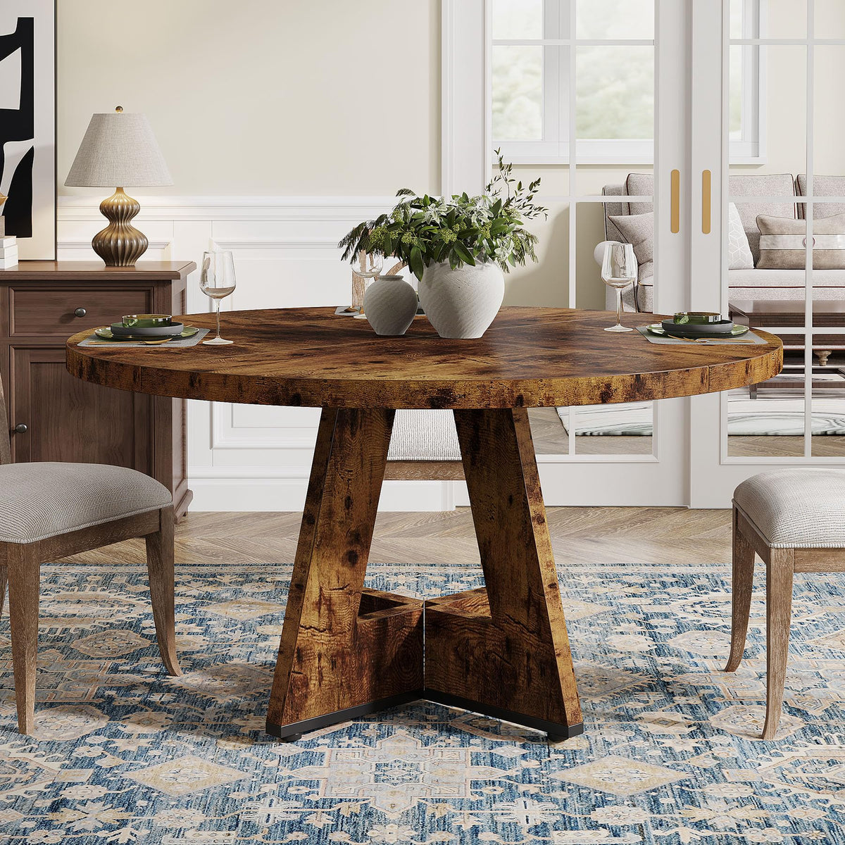 Tribesigns 47 inch Round Dining Table Wood Kitchen Table for Dining Room, 47" Dinner Room Tables for 4-6, Farmhouse Accent Furniture with Wooden Tabletop and Cross Base, Vintage