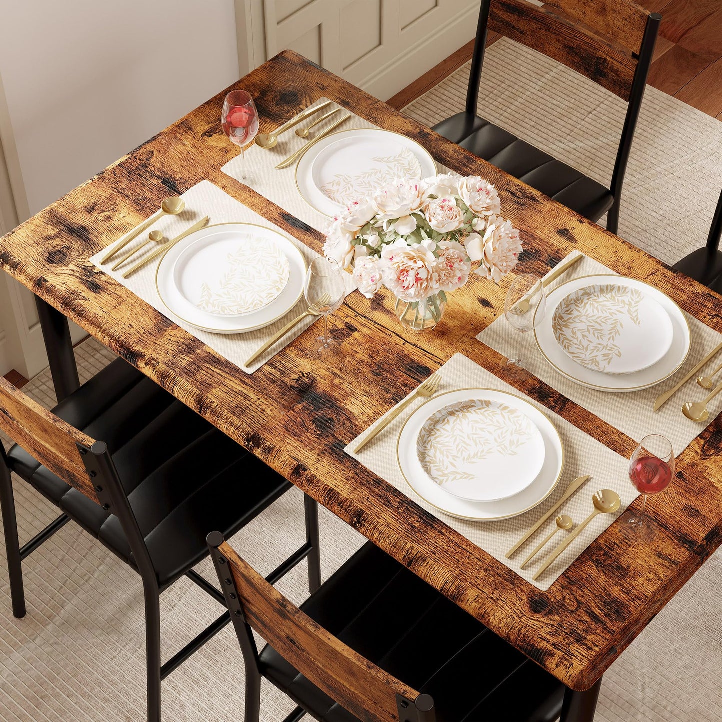 IRONCK Dining Table Set for 4, Wood Kitchen Table with Upholstered Chairs for Kitchen Room and Small Spaces, Rustic Brown