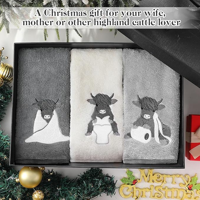 3 Pcs Highland Cow Hand Towels Bathroom Decor Highland Cow White and Gray