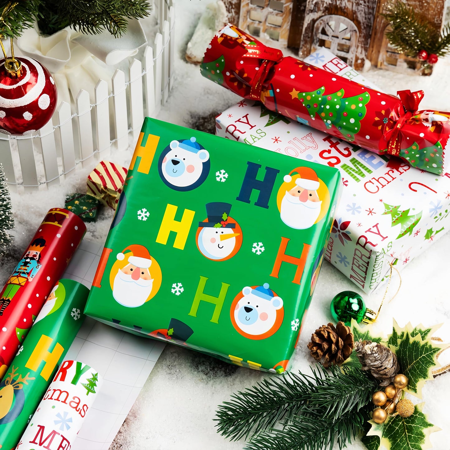 Afucus Nutcracker, Candy Cane, Snowflake Santa Gift Wrapping Paper Roll - Christmas, Holiday, Birthday (17 Inch X 33 Feet)
