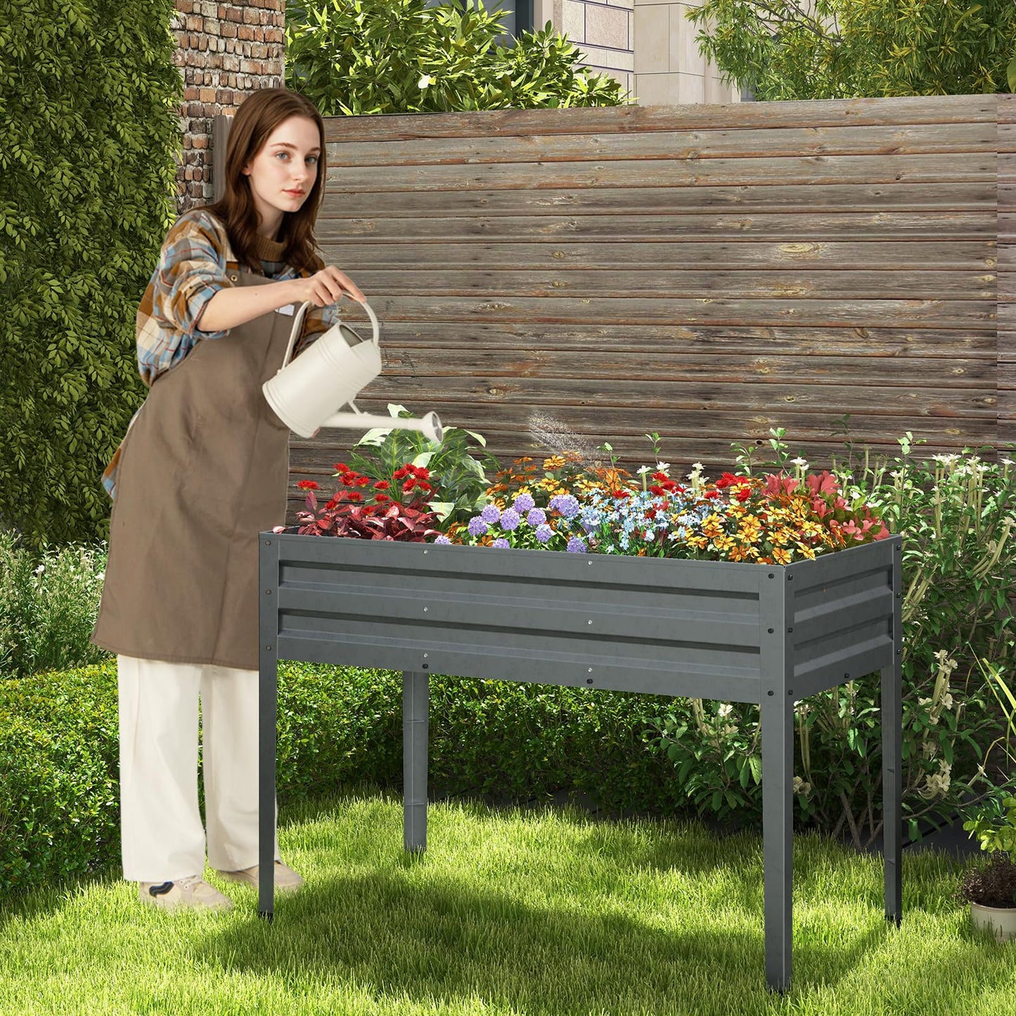 HAPPYGRILL Raised Garden Bed, Galvanized Garden Box with Legs, Drainage Holes, 2 Gloves, Outdoor Planter Box for Garden, Backyard & Patio, 46”x 24” x 32”, Grey