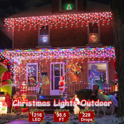 99ft Red and White Christmas Lights, 1216 LED Icicle Lights for Outside, Clear Wire Twinkle Light with 8 Modes Timer Waterproof for House Window Party Tree Holiday Patio Yard Home Decoration