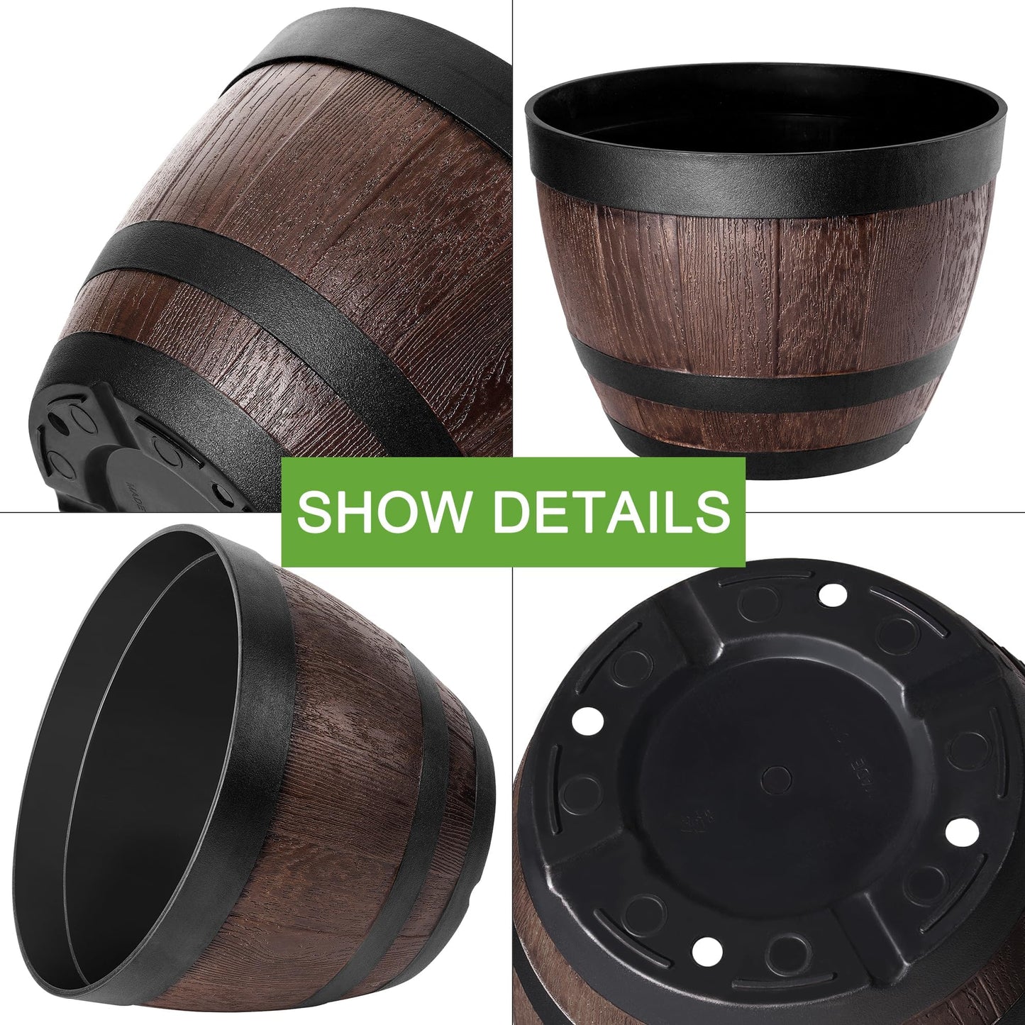VECELO Plant Pots with Drainage Holes & Saucer, 11.3 Inch Flower Pots with Tray, 4 Pack Plastic Whiskey Barrel Planters for Indoor & Outdoor Garden Home Plants and Flowers