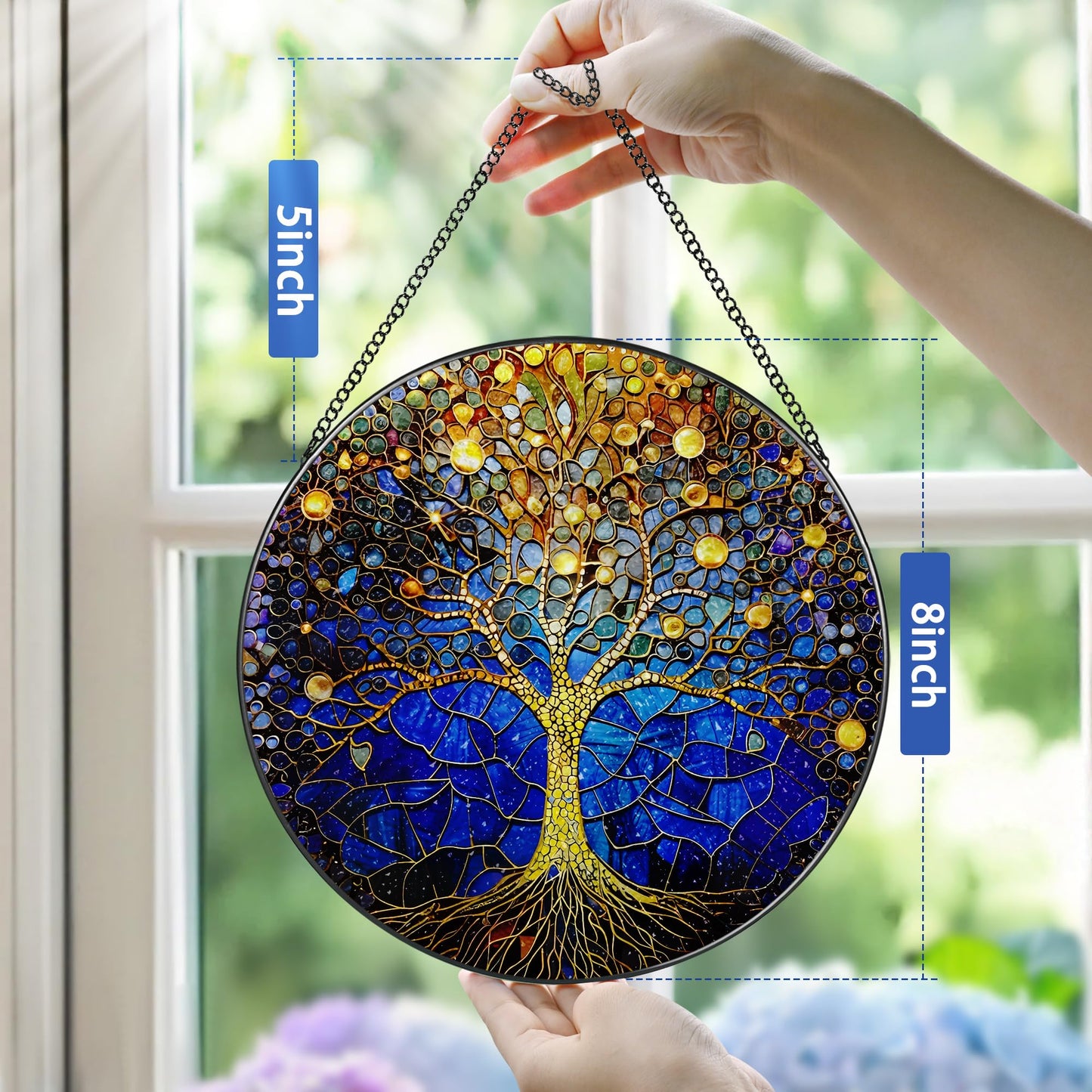8-Inch Stained Glass Tree of Life Ornament, Stained Glass Window Hanging, Window Hanging Decor Suncatcher – Housewarming, Christmas, Birthday | Gift for Family, Friend, Couple, Teacher | Holiday Decor