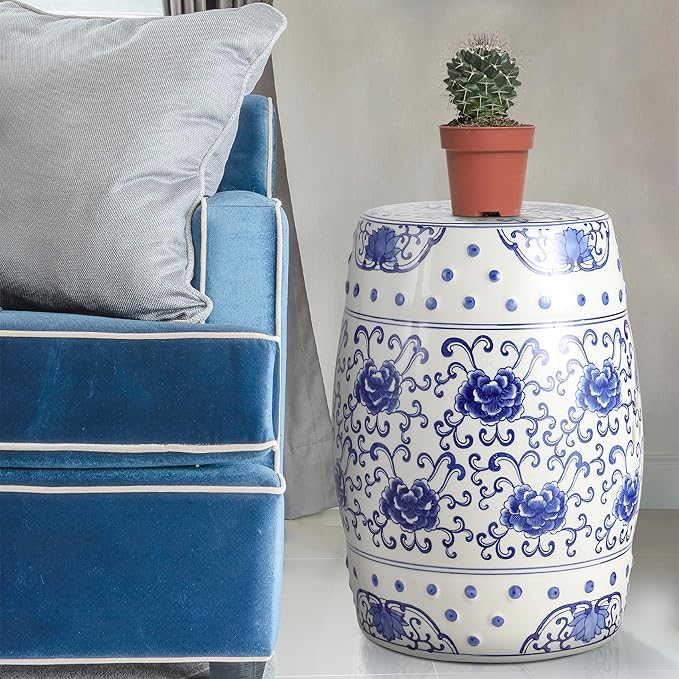 JONATHAN Y TBL1000A Lotus Flower 17.8" Chinoiserie Ceramic Drum Indoor/Outdoor Garden Stool Bohemian, Coastal, Classic, Cottage, French Country, Traditional, Bathroom, Garden Room, Patio, Blue/White