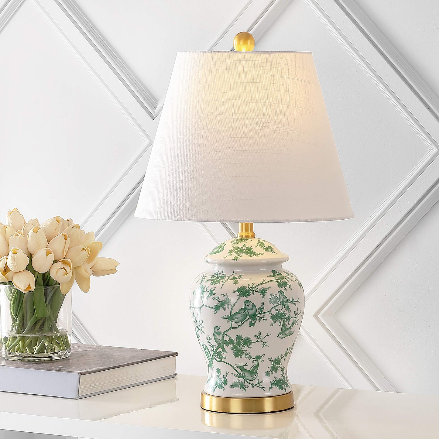 JONATHAN Y 22" White/Green Ceramic Table Lamp, French Country Chinoiserie Ginger Jar LED Bedside Lamp for Living Room Bedroom, White Linen Shade (JYL3005B)