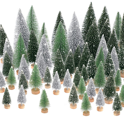 30Pcs Mini Christmas Tree Decor, Artificial Christmas Tree 5 Sizes,Mini Sisal Snow Frost Trees with Wooden Base for Christmas Decor Christmas Party Home Table Craft Decorations (A-Green/Silver)