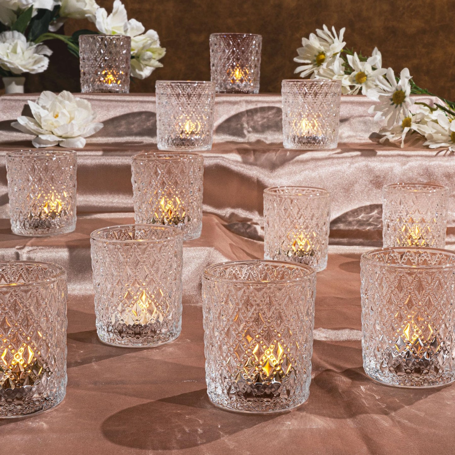 Romcanmy 12Pcs Votive Candle Holders, 2x2.5in Clear Glass Candle Holder with Embossed Diamond for Table Centerpieces, Elegant Small Crystal Tea Light Holders for Wedding Birthday Party Chirstmas Decor
