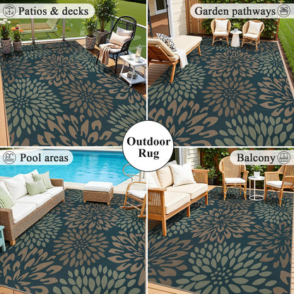 HEBE Easy Jute Area Rugs 8x10ft, Large Outdoor Rug for Patios Non Slip Washable, Floral Floor Carpet for Indoor Outdoor Bedroom Dining Room Balcony Porch