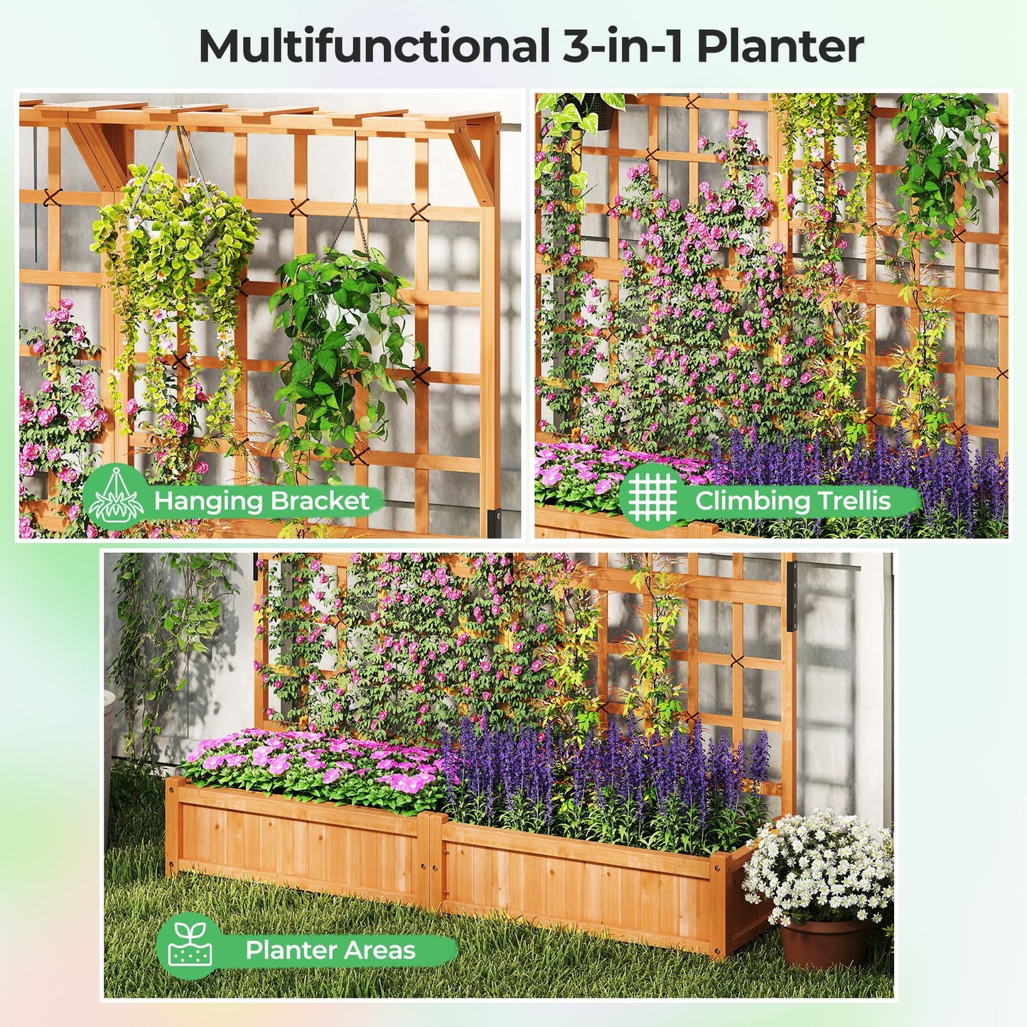 Giantex Large Raised Garden Bed with Trellis & Roof, 72" Wooden Garden Bed, High Trellis for Plant Flower Climbing Pot Hanging, Indoor & Outdoor Planter Box for Yard, Garden, Balcony