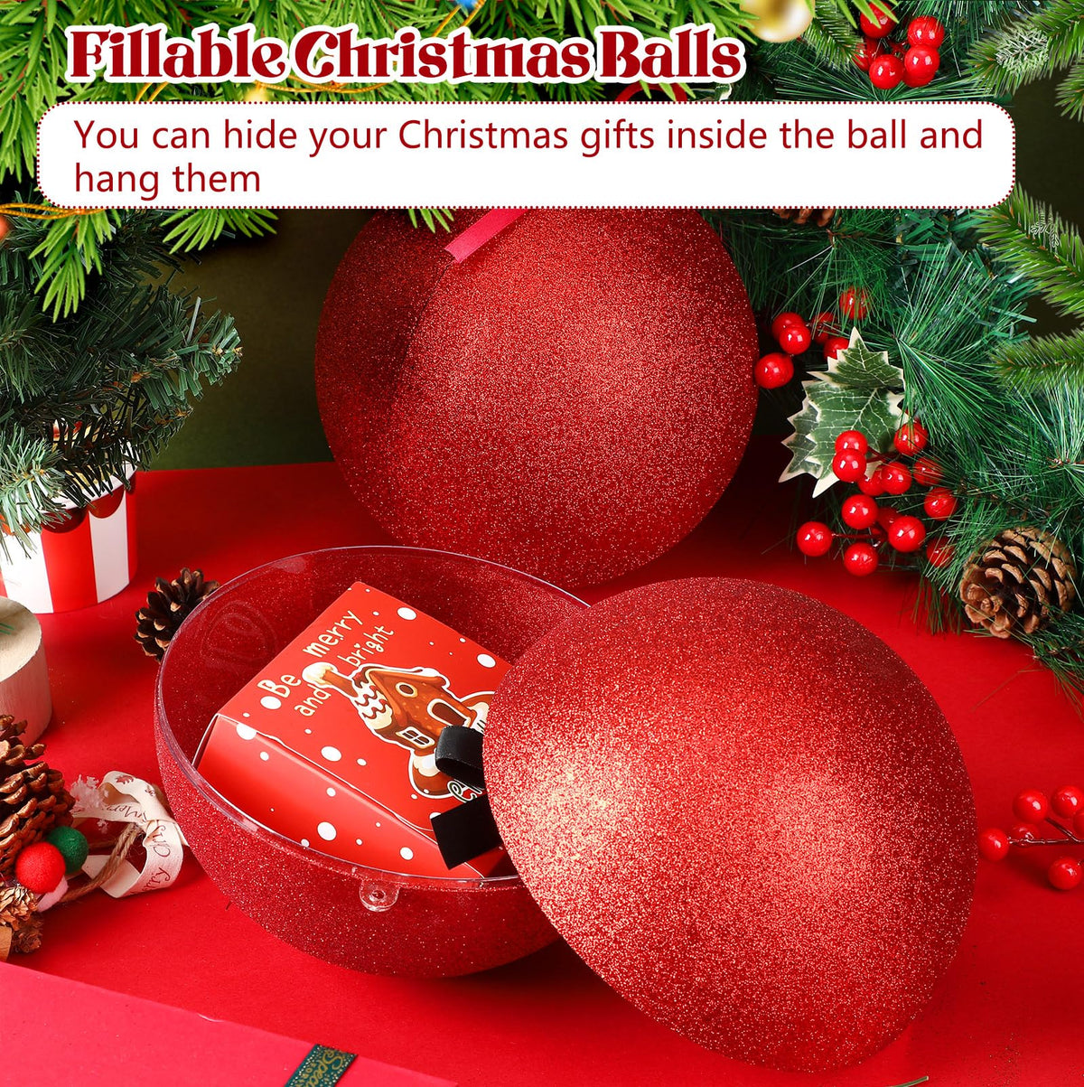 Zubebe 2 Pcs 8" Giant Fillable Christmas Ornaments with Ribbons Oversized Plastic Xmas Balls for Outdoor Lawn Yard Decor, Tree Hanging, Holiday Gifts(Glitter Red)