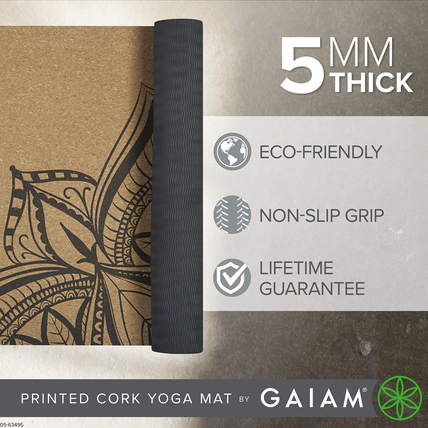 Gaiam Cork Yoga Exercise Mat | Natural Sustainable Cork Resists Sweat and Odors | Non-Slip TPE Backing Prevents Slipping| Great for Hot Yoga, Pilates, Fitness Working Out (68" x 24"x 5mm Thick)
