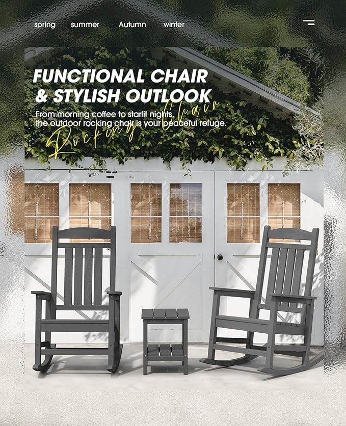 KINGYES Outdoor Rocking Chairs, HDPE All-Weather Patio Rocking Chairs High Back Porch Rocker for Adult, Gray