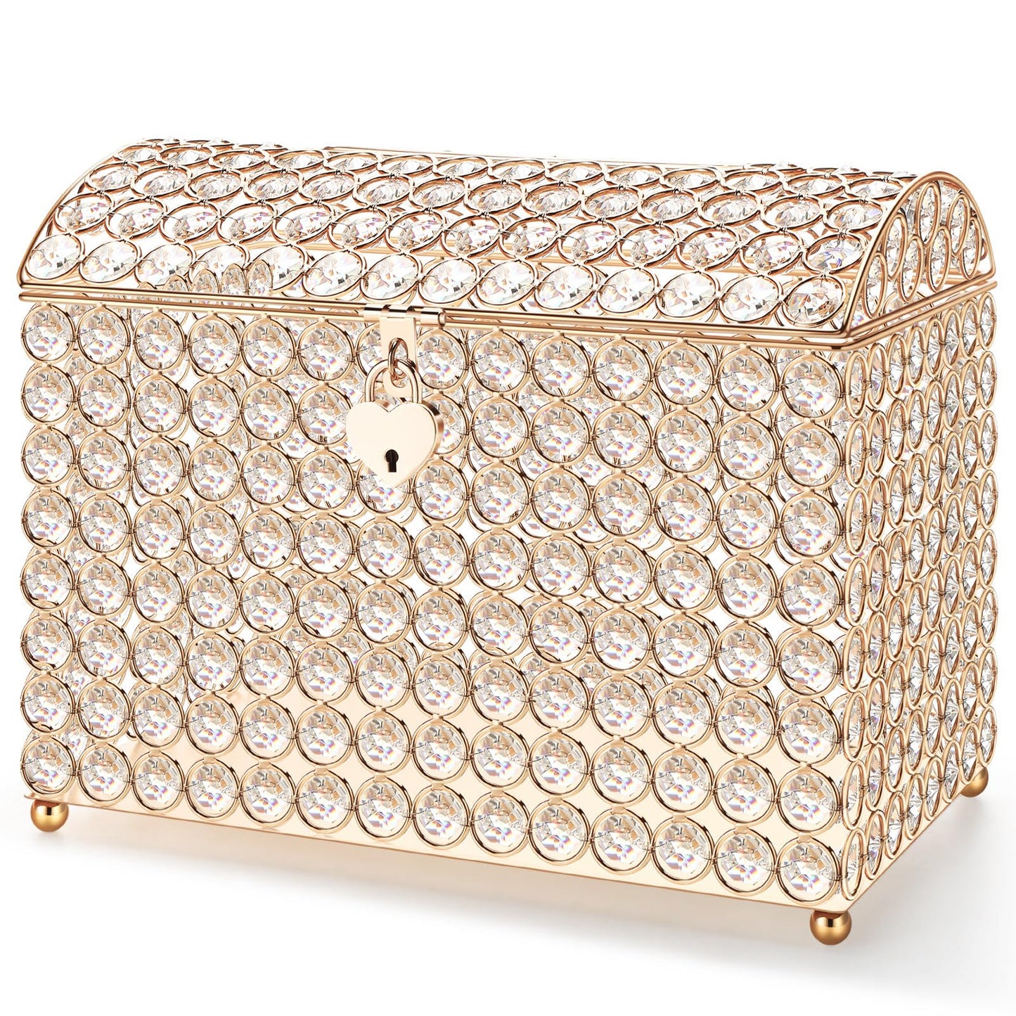 Nitial Crystal Wedding Card Box with Heart Lock 11in Wedding Money Box Treasure Chest Gold Bead Card Receiving Memory Storage for Reception Brithday Graduation Baby Shower Party (Elegant Style)