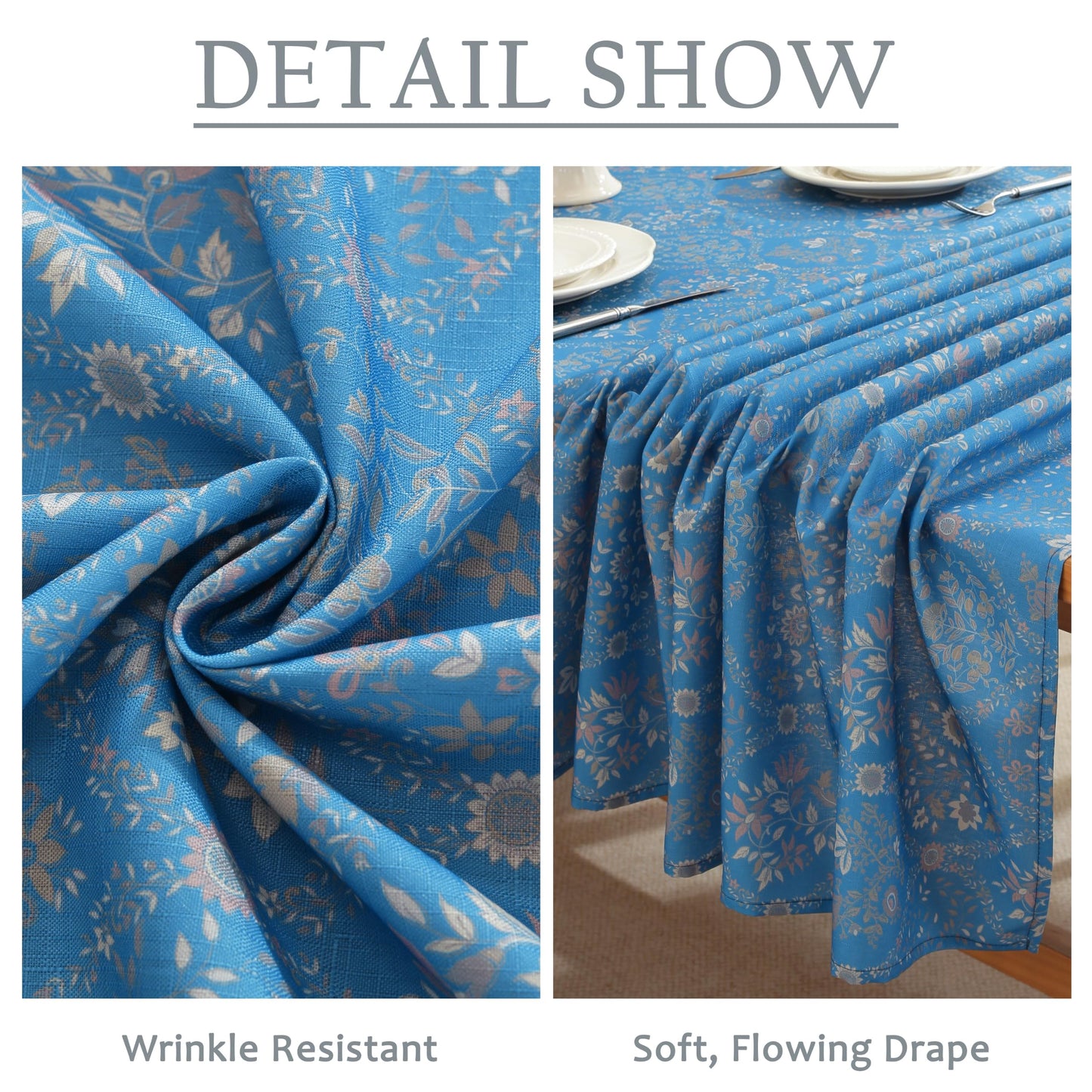 Honellaty Blue French Vintage Floral Rectangle Tablecloth, 60 x 102 Inch