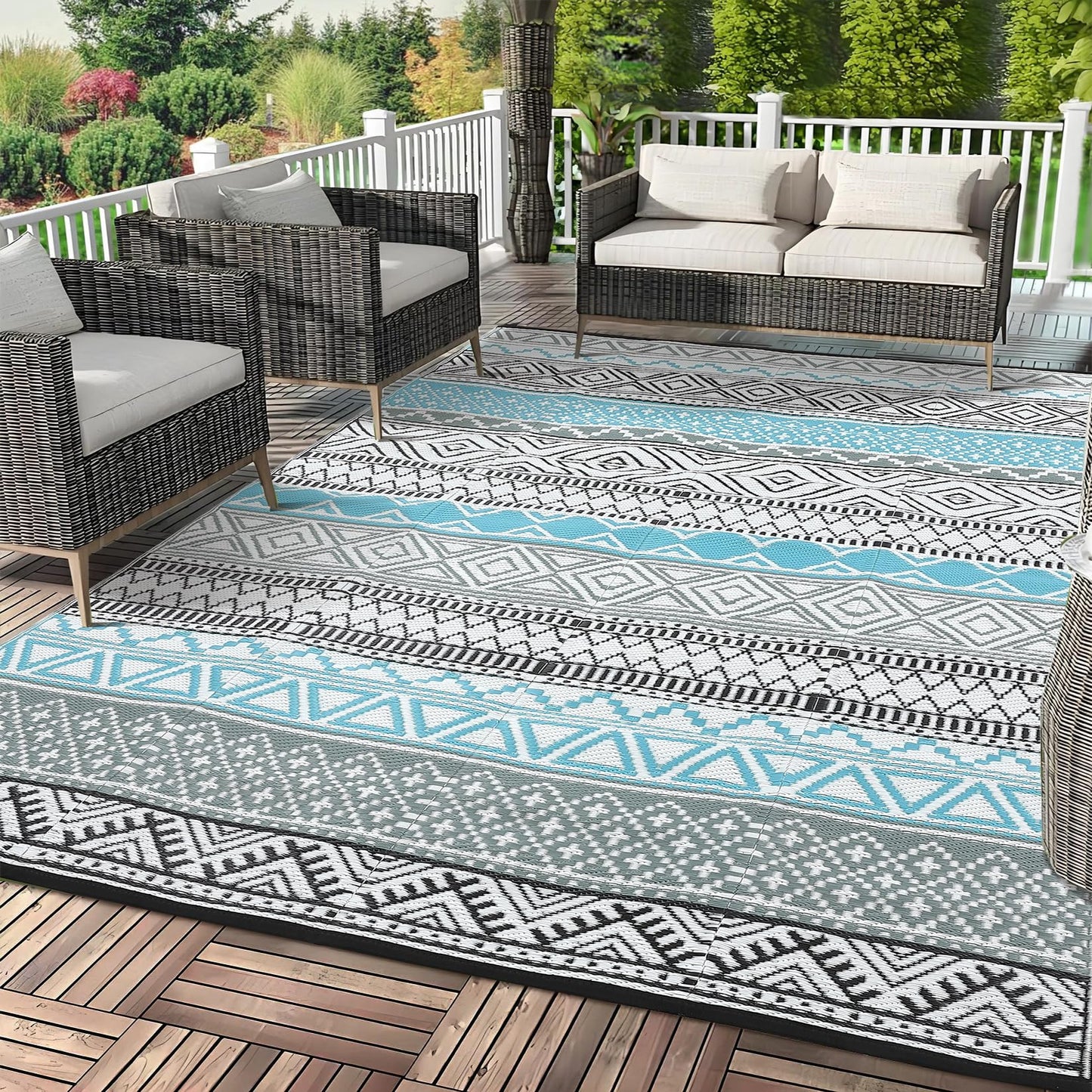 GarveeLife Outdoor Patio Rug 9x18 Waterproof Plastic Straw Rug, Reversible UV Resistant Foldable Camping Carpet Portable Modern Geometric Outdoor Floor Mat for Rv, Backyard, Blue/Grey