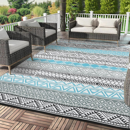 GarveeLife Outdoor Patio Rug 9x18 Waterproof Plastic Straw Rug, Reversible UV Resistant Foldable Camping Carpet Portable Modern Geometric Outdoor Floor Mat for Rv, Backyard, Blue/Grey