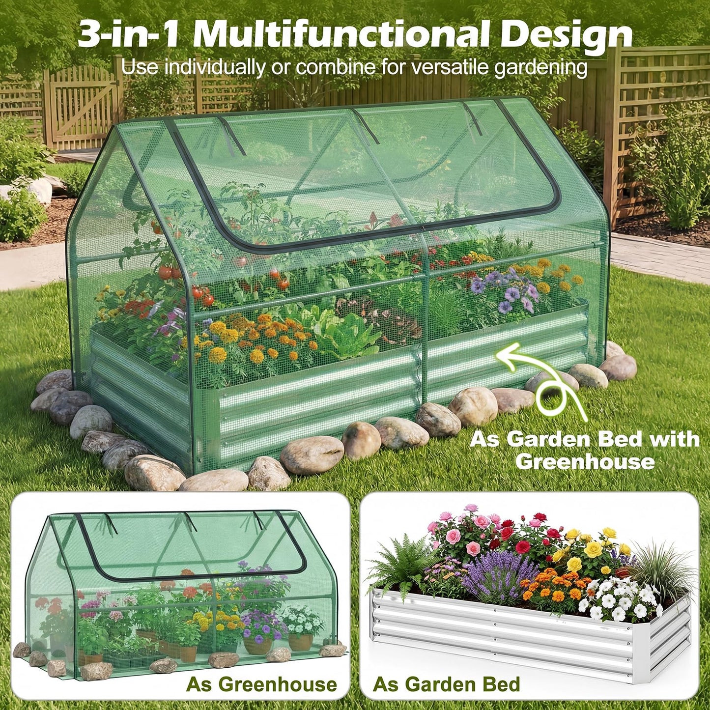Giantex 3-in-1 Metal Raised Garden Bed with Greenhouse Cover, 6x3x3 FT Metal Elevated Outdoor Planter Box with Roll-Up Windows, Open Base Grow Box for Vegetables, Flowers and Herbs, Green
