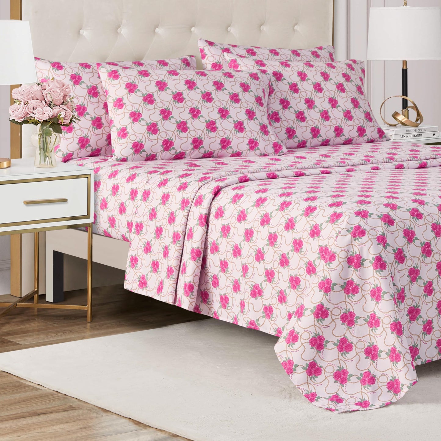 Juicy Couture Printed Microfiber 4-Piece Twin Sheet Set, Bianca Chain Floral Pink