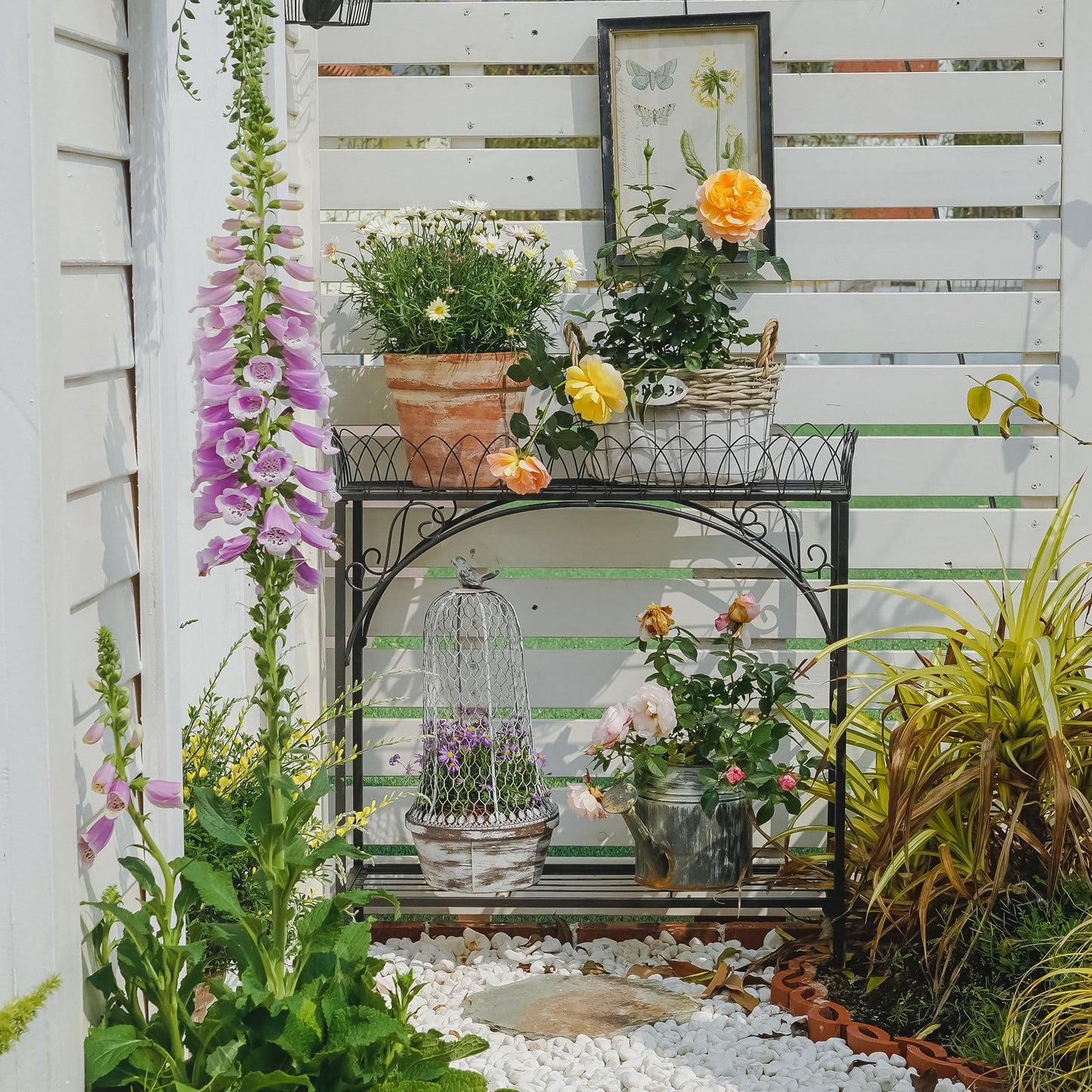 Black Long Double-Layer Plant Shelf, French Courtyard Style Metal Stand for Tall Potted Plants, Sturdy Indoor Outdoor Planter Holder Garden Decor
