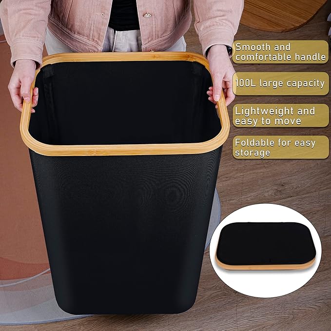 100L Laundry Hamper with Lid, Lagre Basket with Bamboo Handles, Foldable