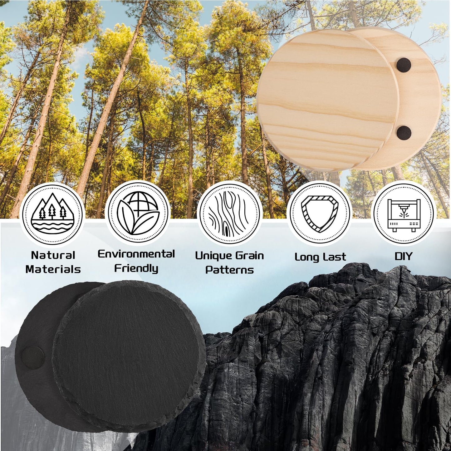 72 PCS Coasters for Laser Engraving, MAPRIAL 4 Inch 36 PCS Black Slate Stone Drink Coasters Bulk, 36 PCS Pine Wood, Engravable Blanks Material for Engraver, Halloween, Decor, Gifts, Crafts, Round