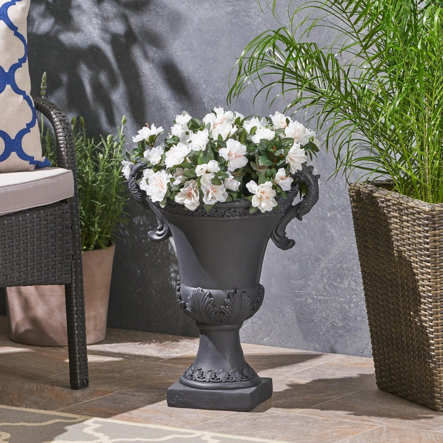 PETALORE Black Urn Planter, Tall Outdoor Flower Pots with Roman Botanical Design, Durable Magnesium Oxide Pedestal Planter for Garden, Patio, or Front Porch Decoration, Weather-