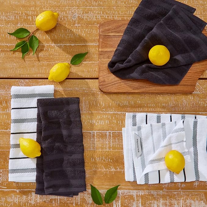 KitchenAid Albany Kitchen Towel 4-Pack Set, Matte Black/White