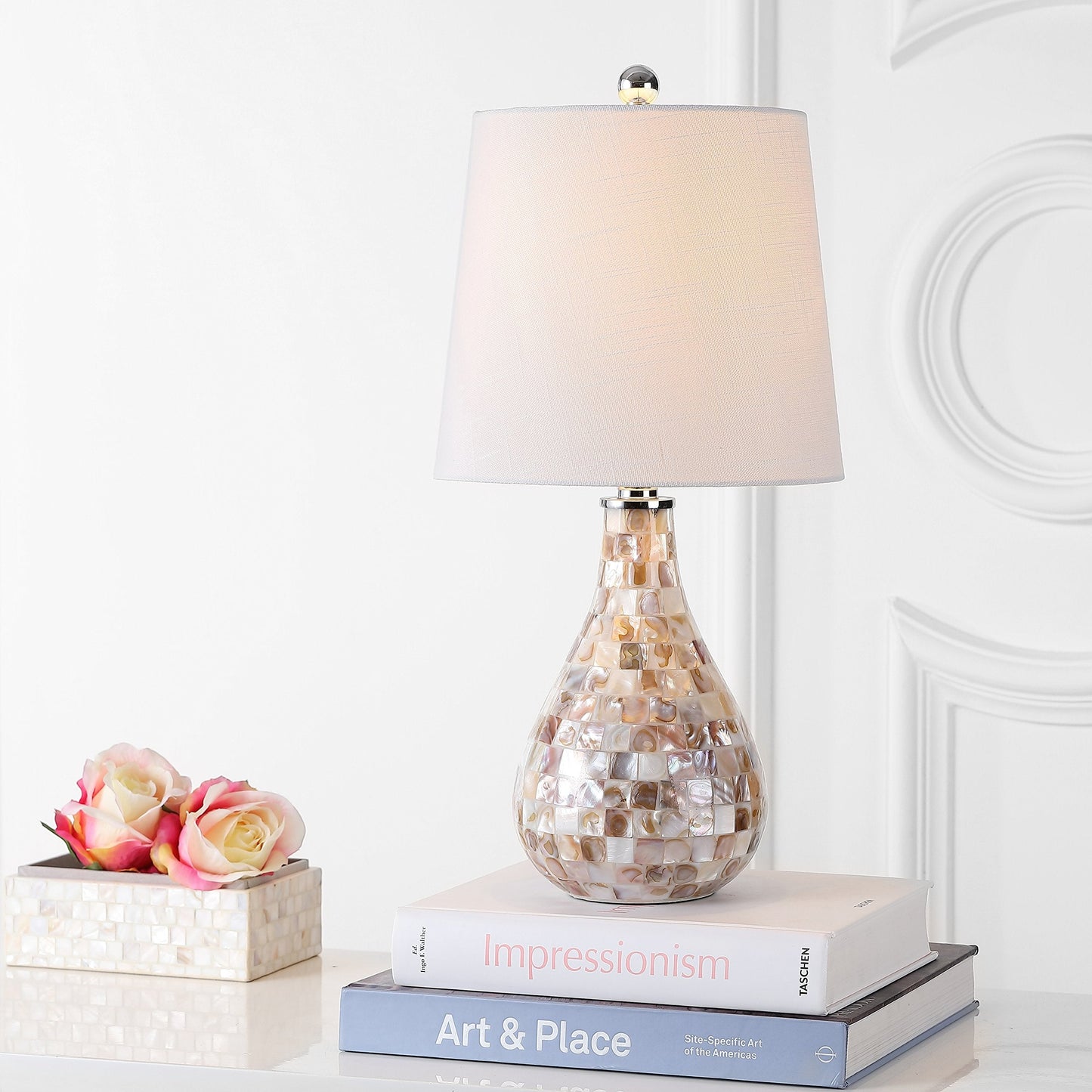JONATHAN Y 20.5" Seashell Coastal Mini LED Table Lamp for Living Room Office, White Linen Drum Shade, Modern Mother of Pearl Bedside Nightstand Lamp, LED Bulb Included JYL1024A