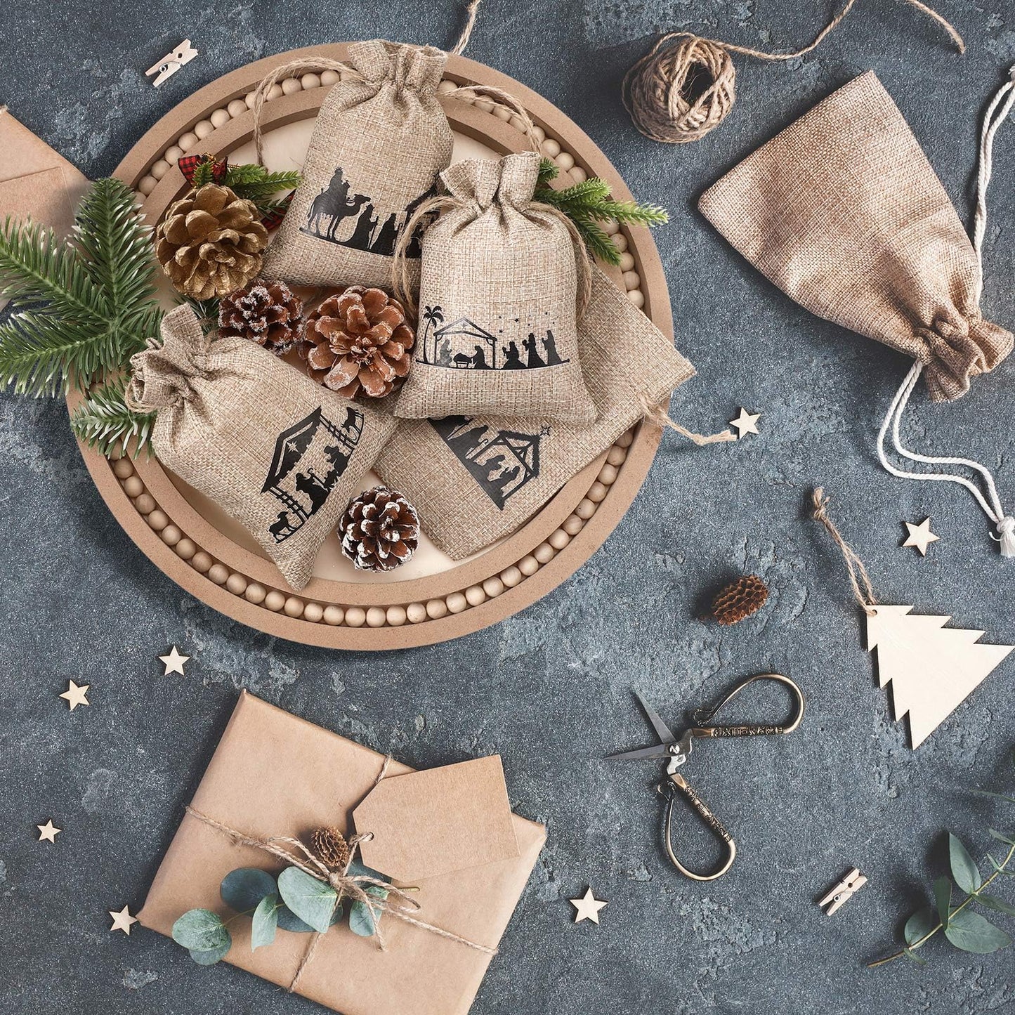 Kinlop 24 Pieces Christmas Nativity Burlap Gift Bags with Drawstrings 6 Designs Christmas Holiday Goody Treat Bags Linen Wrapping Candy Pouches Jewelry Pouches for Xmas New Year Party Favors