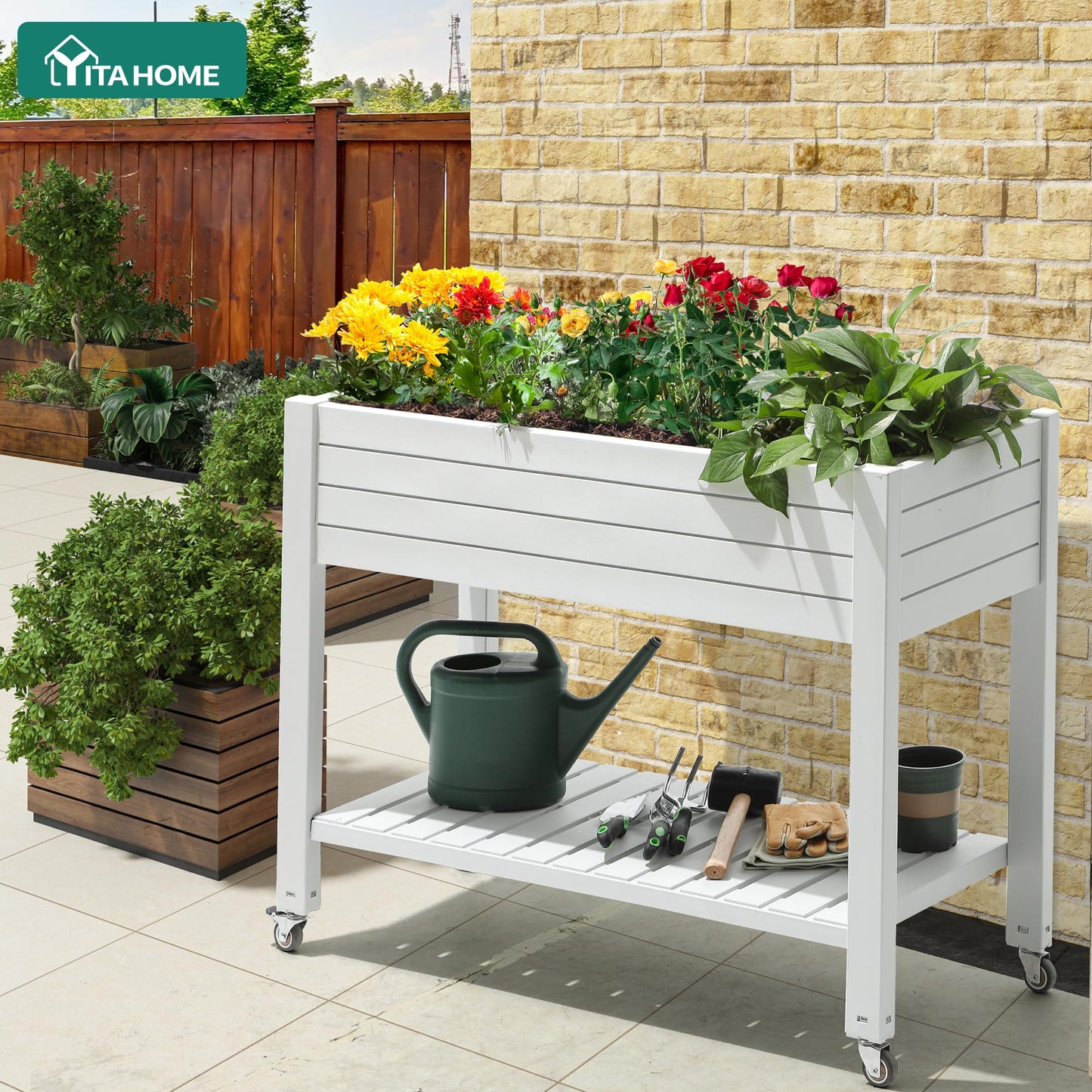 YITAHOME 3.6x1.5x2.8 FT Elevated Garden Bed Kit with Legs and Wheels, Outdoor Large Resin Planter Box Stand with Drain Plug and Storage Shelf for Plants Vegetables Fruits, Grayish-White