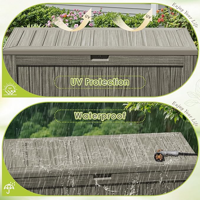 Devoko 125 Gallon Outdoor Storage Box, Waterproof Resin Deck Box for Patio Furniture, Lockable Container for Garden Cushions & Pool Supplies (Light Brown, 125 Gallon)